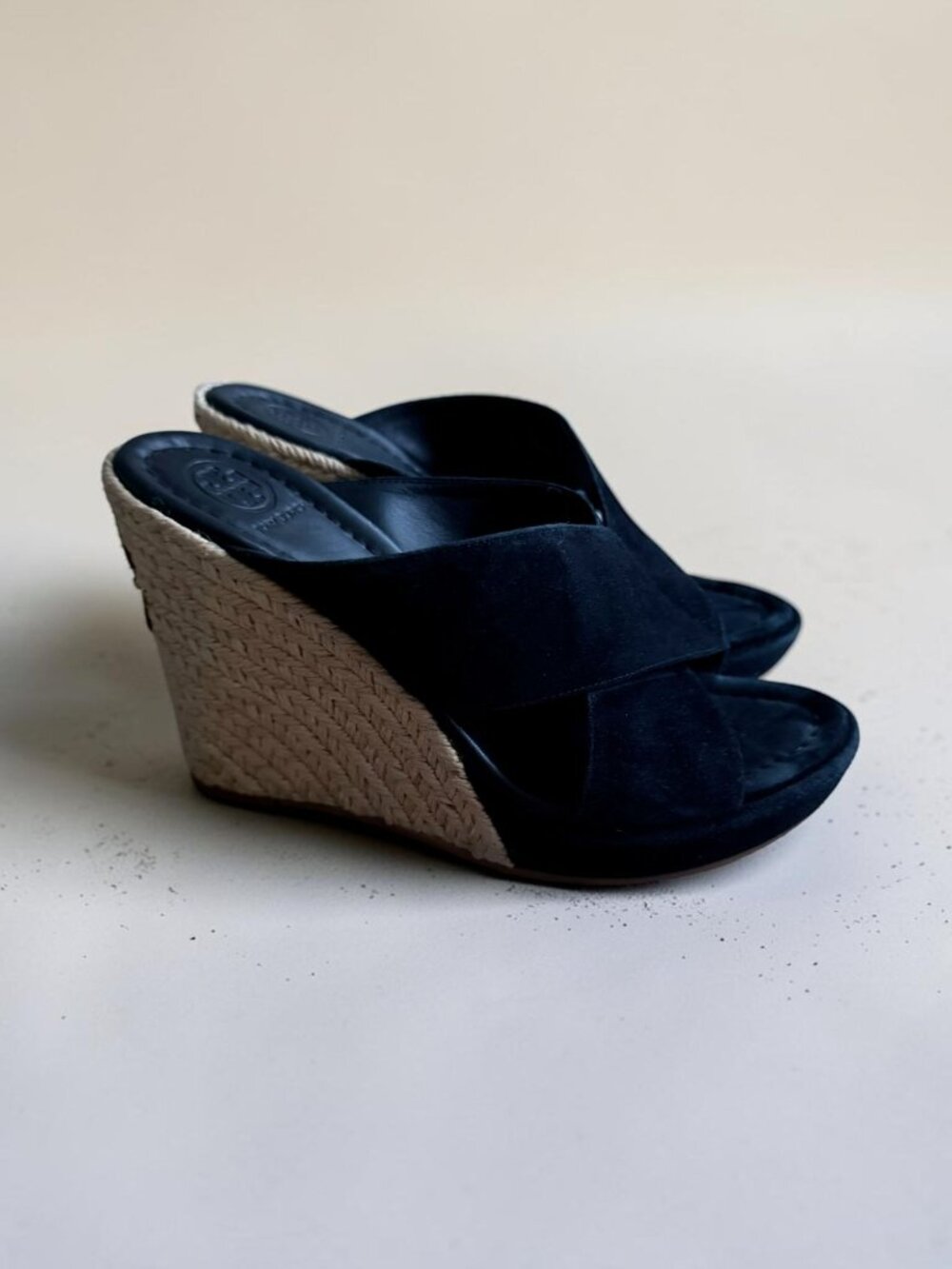 TORY BURCH Black Suede Espadrille Wedges Size 7